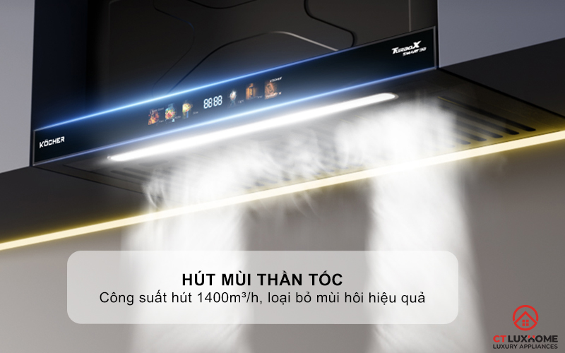 Hút mùi thần tốc với công suất hút 1400m³/h, siêu tiết kiệm điện, Booster lên tới 1800m³/h