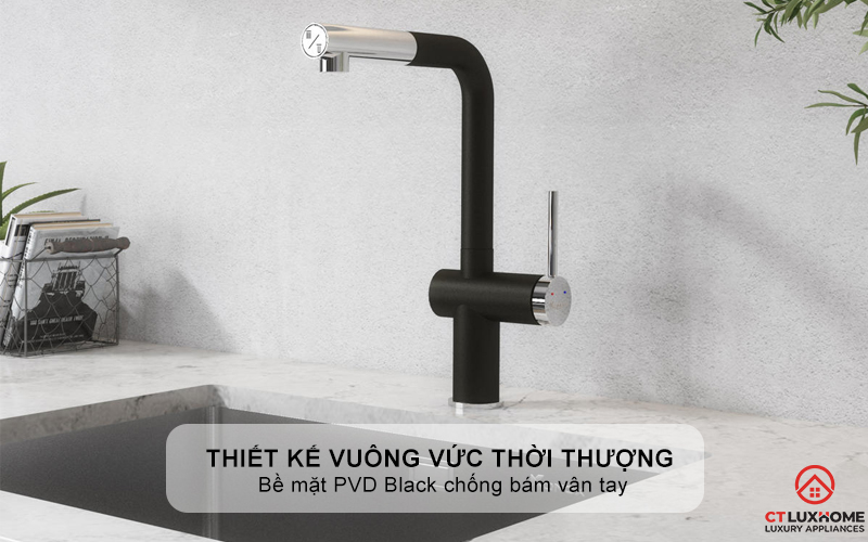 Thiết kế vuông vức thời thượng cùng bề mặt PVD Black chống bám vân tay