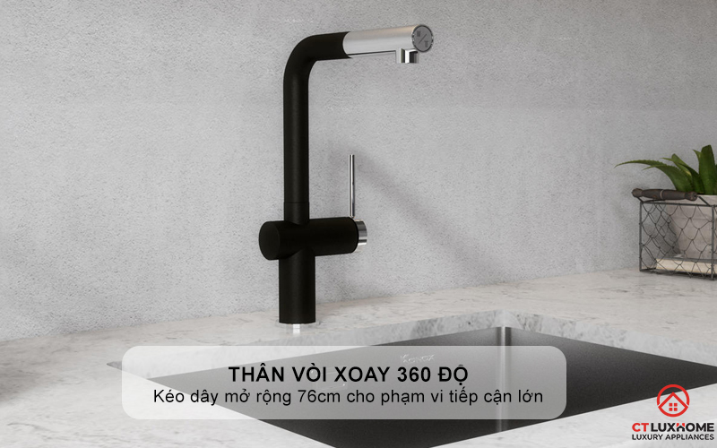 Thân vòi xoay 360 độ và đầu vòi kéo dây mở rộng 76cm cho phạm vi tiếp cận lớn