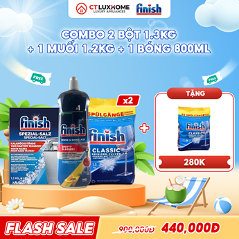 COMBO FINISH 2 Túi bột rửa bát 1.3kg + 1 Nước bóng 800ml + 1 Muối rửa bát 1.2kg