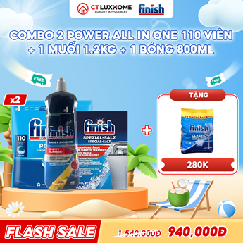 COMBO FINISH 2 Túi Power All in one 110 viên + 1 Nước bóng 800ml + 1 Muối 1.2kg