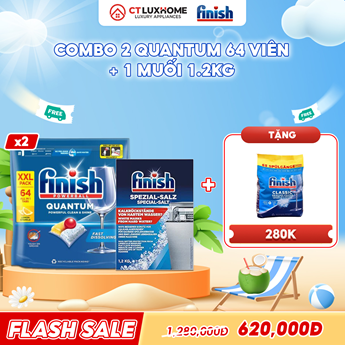 COMBO FINISH 2 Túi viên rửa bát Quantum 64 viên + 1 Muối rửa bát 1.2kg