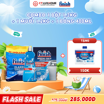 COMBO FINISH 1 Túi bột rửa bát 1.3kg + 1 Nước bóng 400ml + 1 Muối 1.2kg