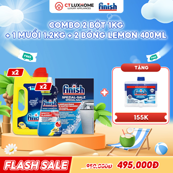 COMBO FINISH 2 Hộp bột rửa bát 1kg + 2 Nước bóng 400ml chanh + 1 Muối rửa bát 1.2kg