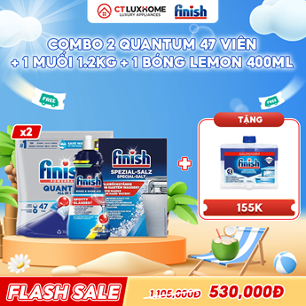 COMBO FINISH 2 Túi viên rửa bát Quantum 47 viên + 1 Nước bóng 400ml chanh + 1 Muối rửa bát 1.2kg