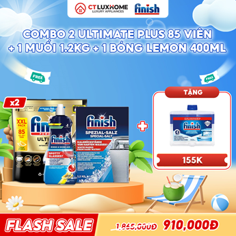 COMBO FINISH 2 Túi viên rửa bát Ultimate Plus 85 viên + 1 Nước bóng 400ml chanh + 1 Muối 1.2kg