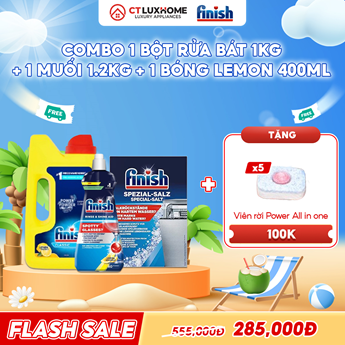 COMBO FINISH 1 Hộp bột rửa bát 1kg + 1 Nước bóng 400ml chanh + 1 Muối rửa bát 1.2kg