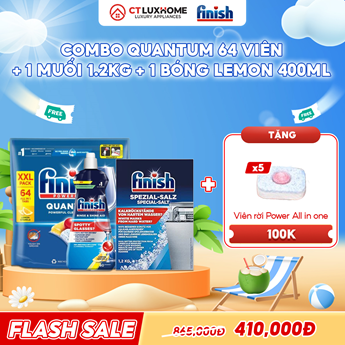 COMBO FINISH 1 Túi viên rửa bát Quantum 64 viên + 1 Nước bóng 400ml chanh + 1 Muối rửa bát 1.2kg