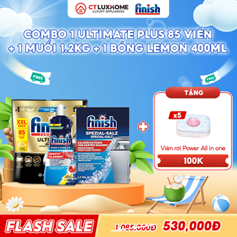 COMBO FINISH 1 Túi viên rửa bát Ultimate Plus 85 viên + 1 Nước bóng 400ml chanh + 1 Muối rửa bát 1.2kg
