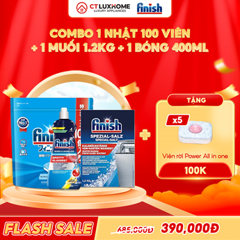 COMBO FINISH 1 Túi viên rửa bát Finish Nhật 100 viên + 1 Nước bóng 400ml chanh + 1 Muối 1.2kg