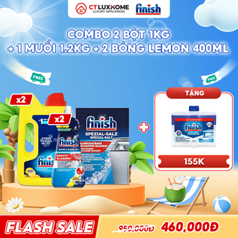 COMBO FINISH 2 Hộp bột rửa bát 1kg + 2 Nước bóng 400ml chanh + 1 Muối rửa bát 1.2kg