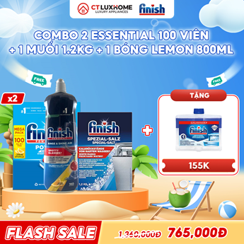 COMBO FINISH 2 Hộp viên rửa bát Essential 100 viên + 1 Nước bóng 800ml chanh + 1 Muối 1.2kg
