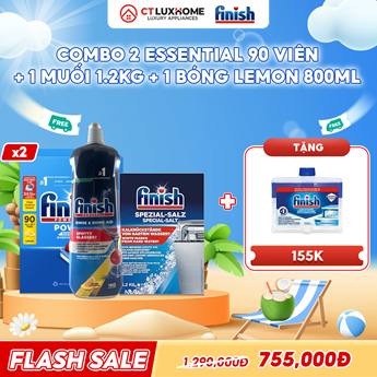 COMBO FINISH 2 Hộp viên rửa bát Essential 90 viên + 1 Nước bóng 800ml chanh + 1 Muối 1.2kg