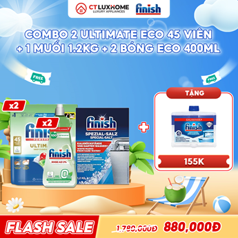 COMBO FINISH 2 Túi viên rửa bát Ultimate Eco 45 viên + 2 Nước bóng 400ml Eco + 1 Muối 1.2kg