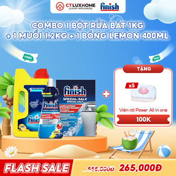 COMBO FINISH 1 Hộp bột rửa bát 1kg + 1 Nước bóng 400ml chanh + 1 Muối rửa bát 1.2kg