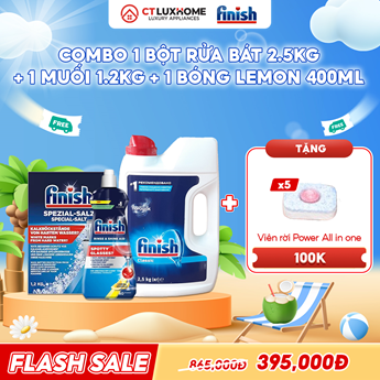 COMBO FINISH 1 Hộp bột rửa bát 2.5kg + 1 Nước bóng 400ml chanh + 1 Muối rửa bát 1.2kg