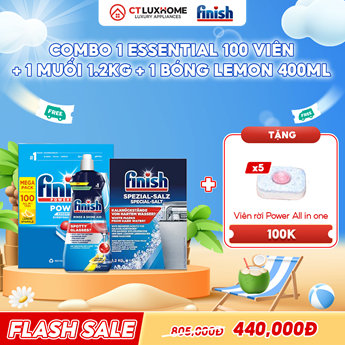 COMBO FINISH 1 Hộp viên rửa bát Essential 100 viên + 1 Nước bóng 400ml chanh + 1 Muối 1.2kg