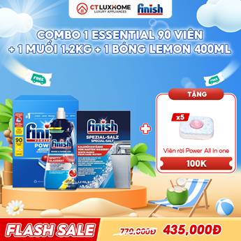 COMBO FINISH 1 Hộp viên rửa bát Essential 90 viên + 1 Nước bóng 400ml Chanh + 1 Muối rửa bát 1.2kg