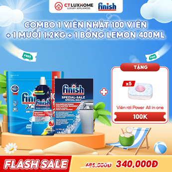 COMBO FINISH 1 Túi viên rửa bát Finish Nhật 100 viên + 1 Nước bóng 400ml chanh + 1 Muối 1.2kg