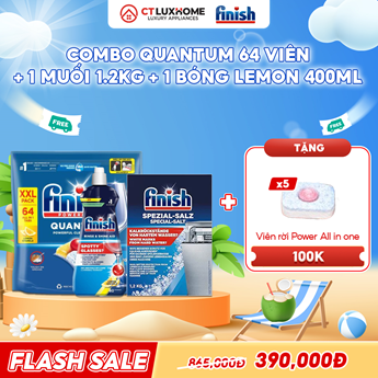COMBO FINISH 1 Túi viên rửa bát Quantum 64 viên + 1 Nước bóng 400ml chanh + 1 Muối rửa bát 1.2kg