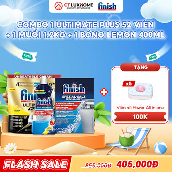 COMBO FINISH 1 Túi viên rửa bát Ultimate Plus 52 viên + 1 Nước bóng 400ml chanh + 1 Muối rửa bát 1.2kg