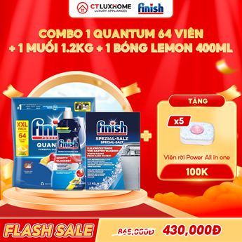 COMBO FINISH 1 Túi viên rửa bát Quantum 64 viên + 1 Nước bóng 400ml chanh + 1 Muối rửa bát 1.2kg
