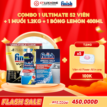 COMBO FINISH 1 Túi viên rửa bát Ultimate Plus 52 viên hương thường + 1 Nước bóng 400ml chanh + 1 Muối rửa bát 1.2kg