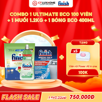 COMBO FINISH 1 Túi viên rửa Ultimate Eco 100 viên + 1 Nước bóng eco 400ml + 1 Muối 1.2kg
