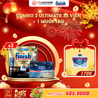 COMBO FINISH 2 Túi viên rửa bát Ultimate Plus 33 viên + 1 Muối 1kg