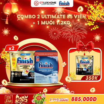 COMBO FINISH 2 Túi viên rửa bát Ultimate Plus 85 viên + 1 Muối 1.2kg