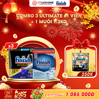 COMBO FINISH 3 Túi viên rửa bát Ultimate All in one 61 viên + 1 Muối 1.2kg