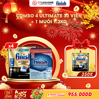 COMBO FINISH 4 Túi viên rửa bát Ultimate Plus 33 viên + 1 Muối 1.2kg