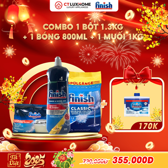 COMBO FINISH 1 Túi bột rửa bát 1.3kg + 1 Nước bóng 800ml + 1 Muối 1kg