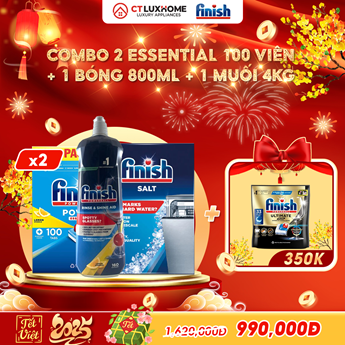 COMBO FINISH 2 Hộp Essential 100 viên + 1 Nước bóng 800ml + 1 Muối 4kg