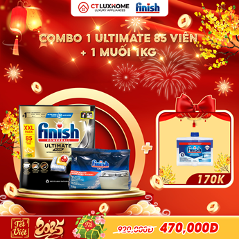 COMBO FINISH 1 Túi viên rửa bát Ultimate Plus 85 viên + 1 Muối 1kg