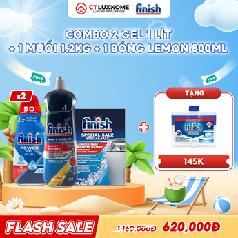 COMBO FINISH 2 Gel Power All in one 1 lít + 1 Nước bóng 800ml + 1 Muối rửa bát 1.2kg
