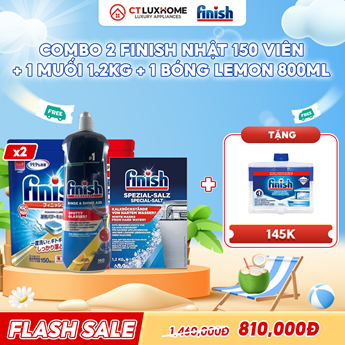 COMBO FINISH 2 Túi viên rửa bát Finish Nhật 150 viên + 1 Nước bóng 800ml chanh + 1 Muối rửa bát 1.2kg