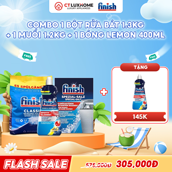 COMBO FINISH 1 Túi bột rửa bát 1.3kg + 1 Nước bóng 400ml chanh + 1 Muối 1.2kg