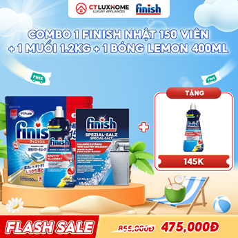 COMBO FINISH 1 Túi viên rửa bát Finish Nhật 150 viên + 1 Nước bóng 400ml chanh + 1 Muối rửa bát 1.2kg