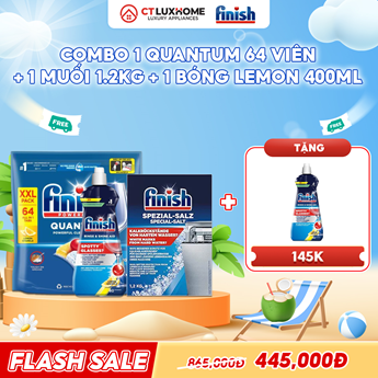 COMBO FINISH 1 Túi viên rửa bát Quantum 64 viên + 1 Nước bóng 400ml chanh + 1 Muối rửa bát 1.2kg