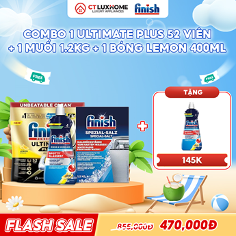 COMBO FINISH 1 Túi viên rửa bát Ultimate Plus 52 viên + 1 Nước bóng 400ml chanh + 1 Muối rửa bát 1.2kg