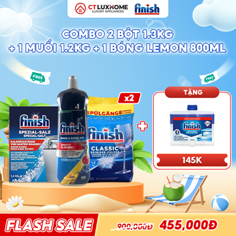 COMBO FINISH 2 Túi bột rửa bát 1.3kg + 1 Nước bóng 800ml + 1 Muối rửa bát 1.2kg