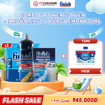 COMBO FINISH 2 Túi Power All in one 110 viên + 1 Nước bóng 800ml + 1 Muối 1.2kg