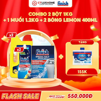 COMBO FINISH 2 Hộp bột rửa bát 1kg + 2 Nước bóng 400ml chanh + 1 Muối rửa bát 1.2kg