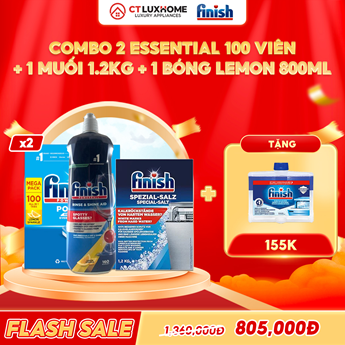 COMBO FINISH 2 Hộp viên rửa bát Essential 100 viên + 1 Nước bóng 800ml chanh + 1 Muối 1.2kg