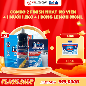 COMBO FINISH 2 Túi viên rửa bát Nhật 100 viên + 1 Nước bóng 800ml chanh + 1 Muối rửa bát 1.2kg