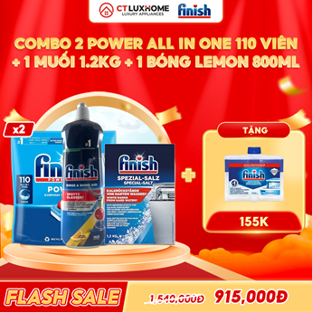COMBO FINISH 2 Túi Power All in one 110 viên + 1 Nước bóng 800ml + 1 Muối 1.2kg