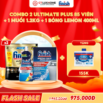 COMBO FINISH 2 Túi viên rửa bát Ultimate Plus 85 viên + 1 Nước bóng 400ml chanh + 1 Muối 1.2kg