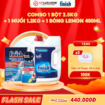 COMBO FINISH 1 Hộp bột rửa bát 2.5kg + 1 Nước bóng 400ml chanh + 1 Muối rửa bát 1.2kg