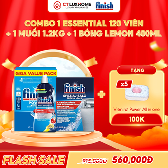 COMBO FINISH 1 Túi viên rửa bát Essential 120 viên + 1 Nước bóng 400ml chanh + 1 Muối rửa bát 1.2kg